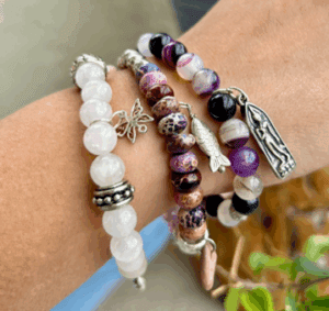 purple gemstone bracelet trio with agate fluorite jasper and rose quartz