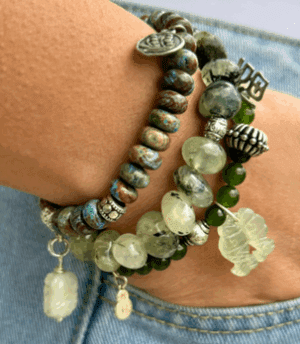 jade prehnite African turquoise bracelet trio with sterling silver and jade charms