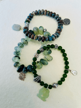 jade prehnite African turquoise bracelet trio with sterling silver and jade charms