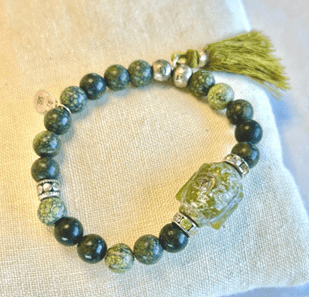 African turquoise jade Buddha bracelet with crystal spacers sterling charm and golden tassel