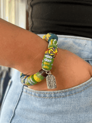recycled African glass bead bracelet in blue and green hand-painted beads