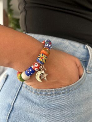 multicolored recycled African glass bead bracelet hand-painted beads