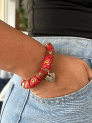 red recycled African glass bead bracelet with sterling silver accents