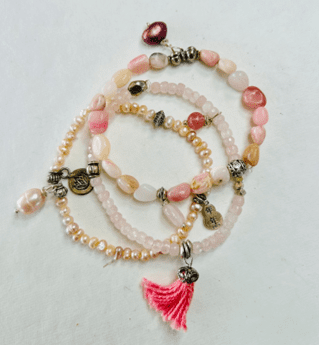 pink gemstone bracelet trio with pearls pink opal and rose quartz