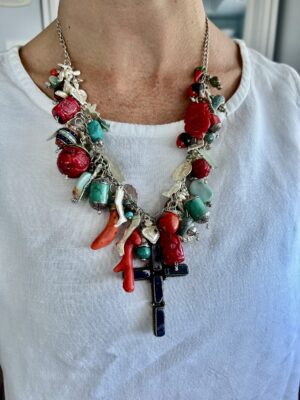 Mission Cross, handcrafted necklace in sterling silver, lapis lazuli and amazonite by Watson Wells Jewelry, second view