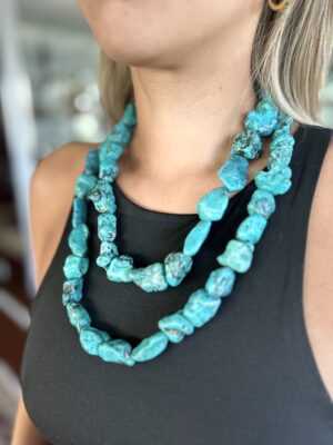 long turquoise statement necklace with chunky turquoise-dyed Howlite nuggets