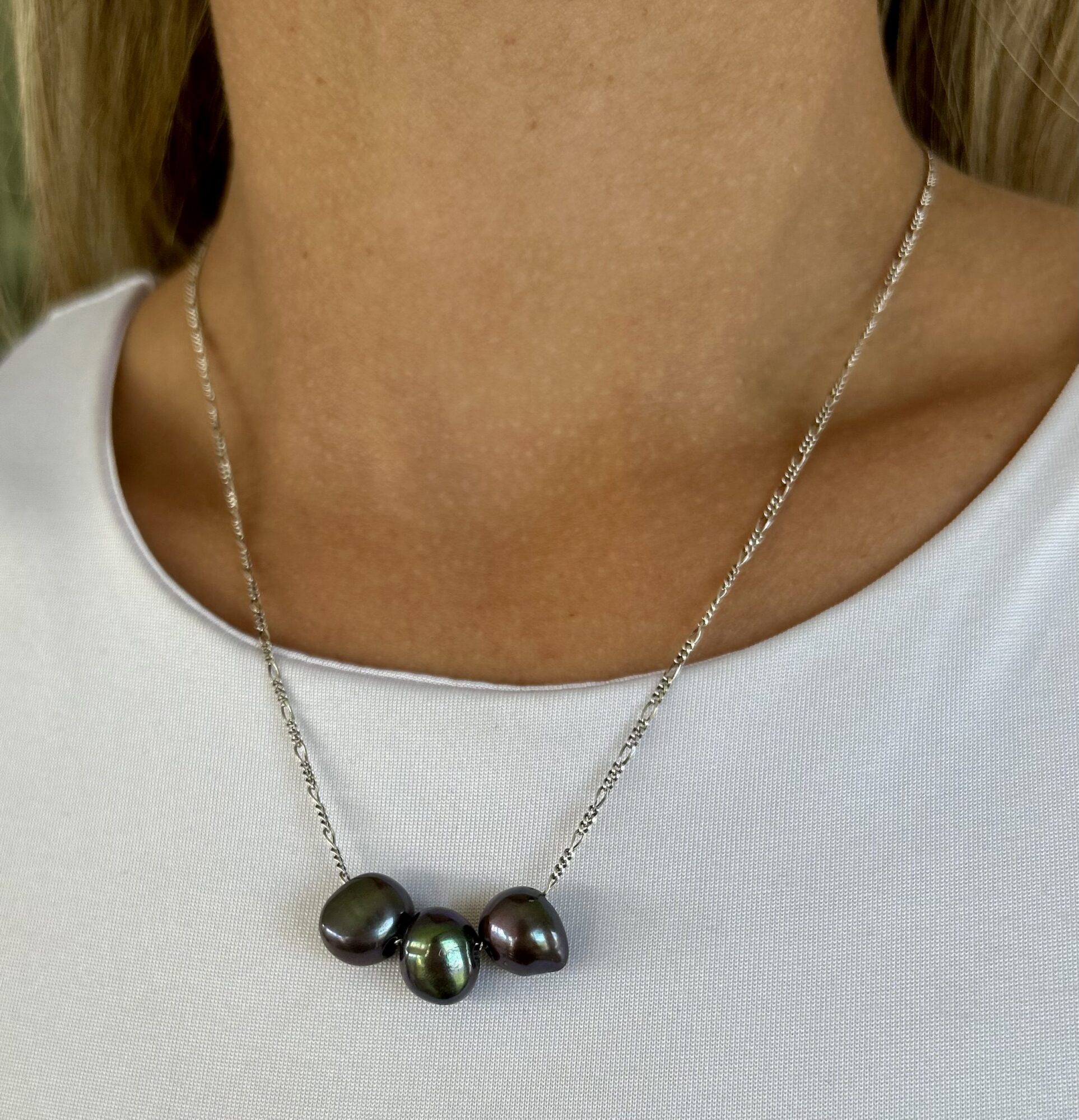 peacock pearl sterling silver necklace with three pearls on silver chain