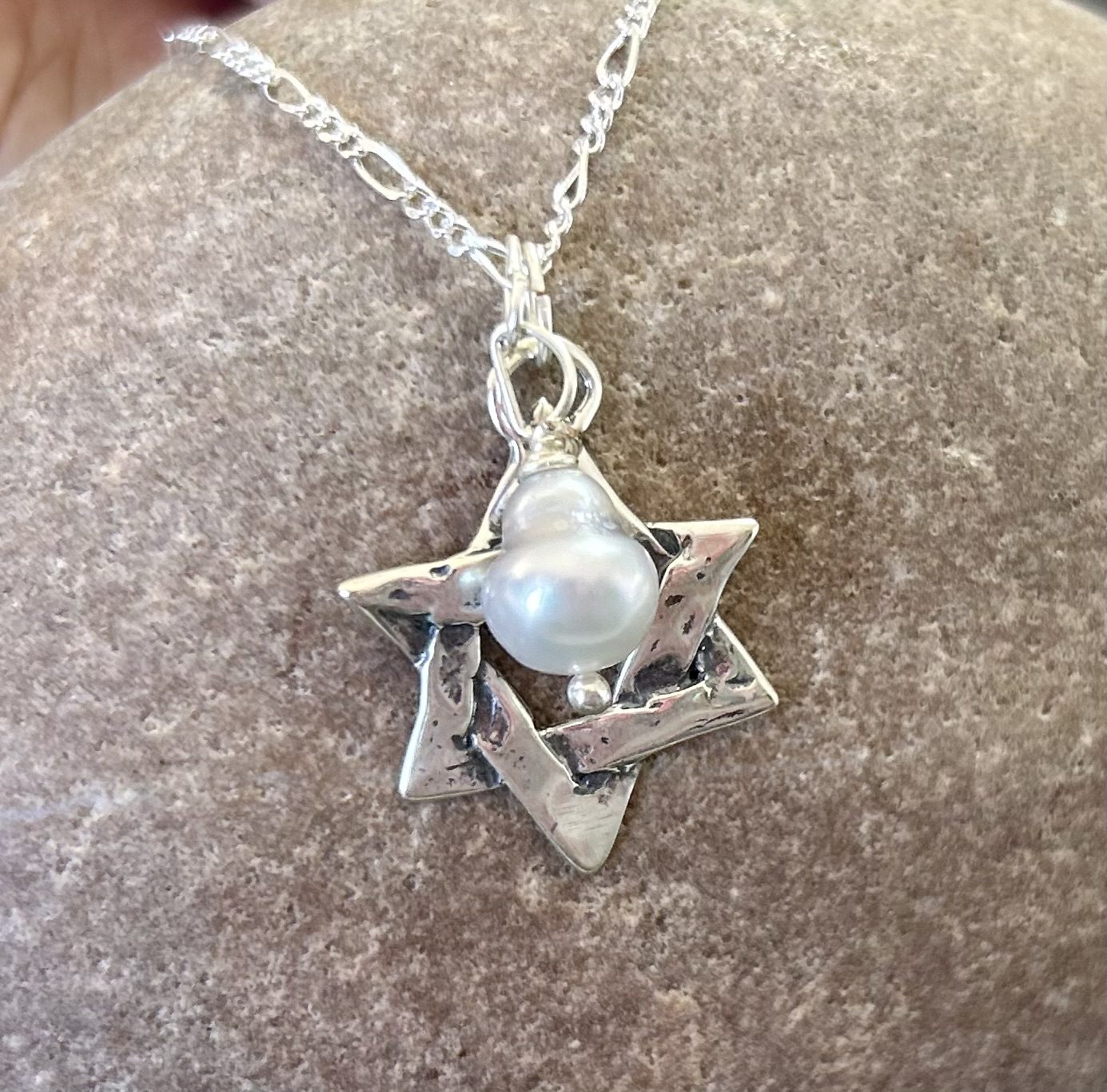 sterling silver necklace with hand-hammered Star of David and Tahitian pearl