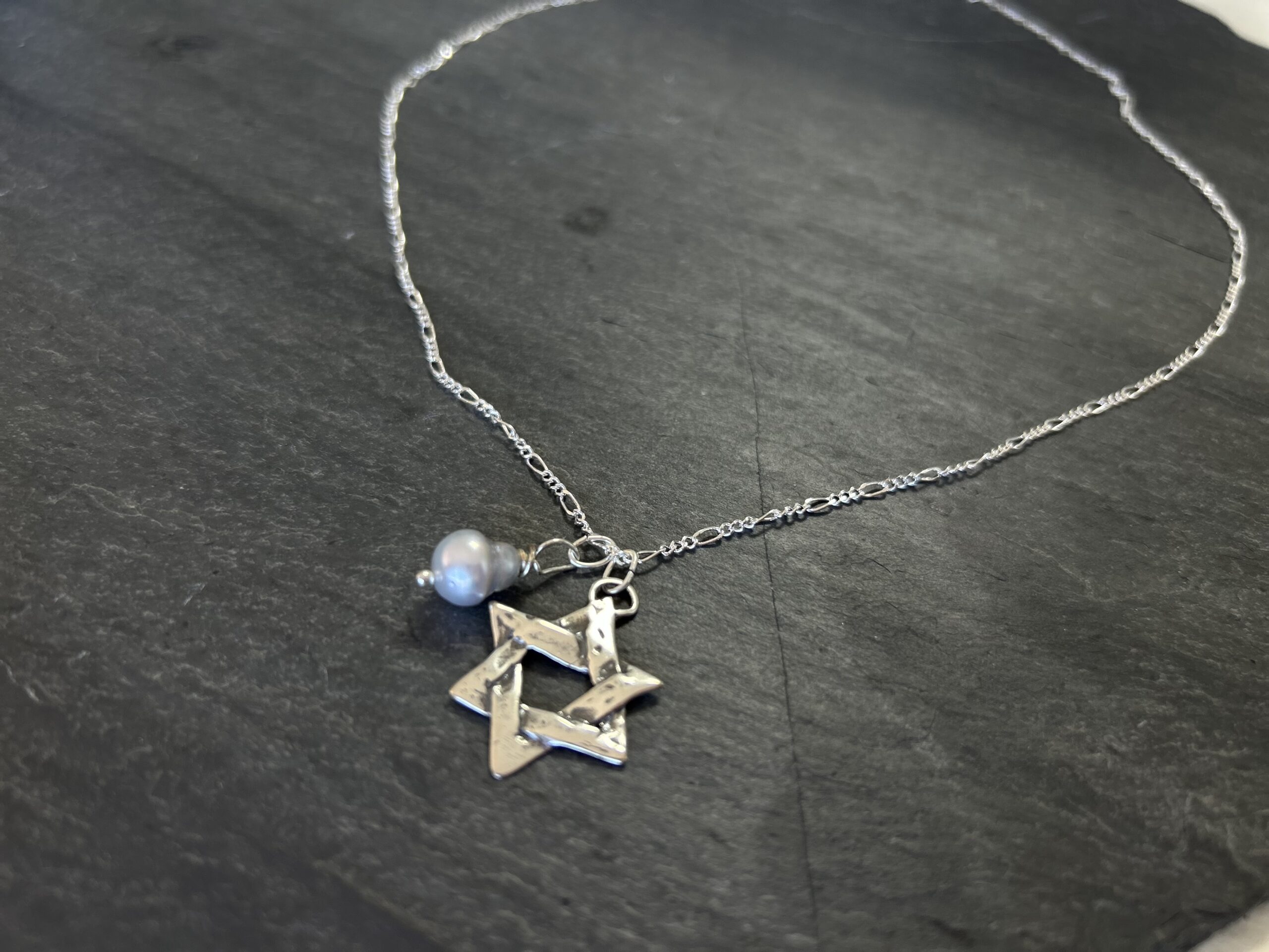 sterling silver necklace with hand-hammered Star of David and Tahitian pearl