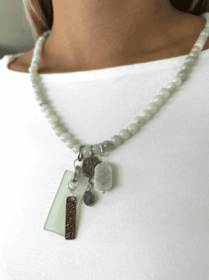 Love and Joy handcrafted dainty necklace featuring jade, glass, and sterling silver, by Watson Wells Jewelry