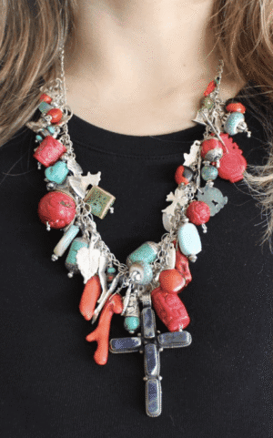 Mission Cross one-of-a-kind statement necklace featuring turquoise, lapis, and jade, by Watson Wells Jewelry
