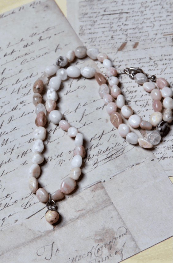 Faithful Heart, handcrafted necklace in sterling silver, coral and opal by Watson Wells Jewelry, second view