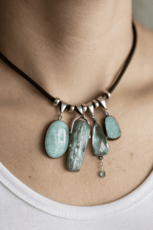 Sky Stones handcrafted statement necklace featuring sterling silver and leather cord, by Watson Wells Jewelry
