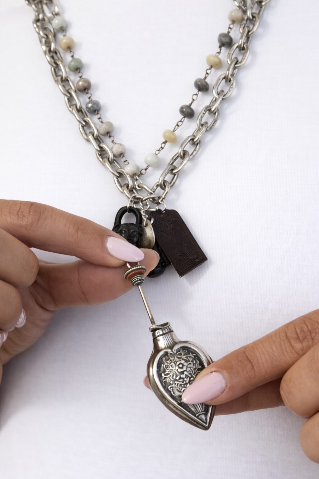 Namaste, Amazonite Buddha Charm Necklace, handcrafted in amazonite, leather and palmwood by Watson Wells Jewelry, second view