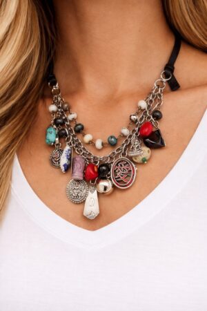 Southwestern Flavor one-of-a-kind statement necklace featuring turquoise, coral, and porcelain, by Watson Wells Jewelry