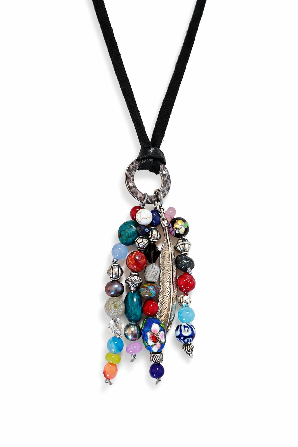 Gemstone Garden, handcrafted necklace in sterling silver, coral and deerskin by Watson Wells Jewelry, second view