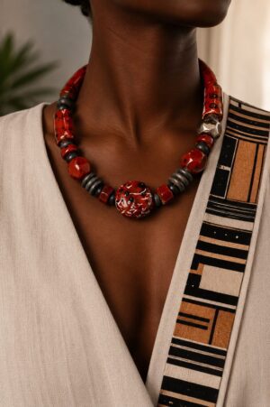 The Sarah handcrafted statement necklace featuring porcelain and sterling silver, by Watson Wells Jewelry