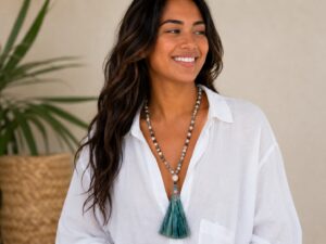 Flower Garden - Handcrafted Rose Quartz and Moss Agate Mala Necklace with Vintage Indian Silk Tassel by Watson Wells Jewelry